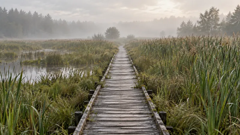 A wooden boardwalk through wetland reeds disappearing into morning mist